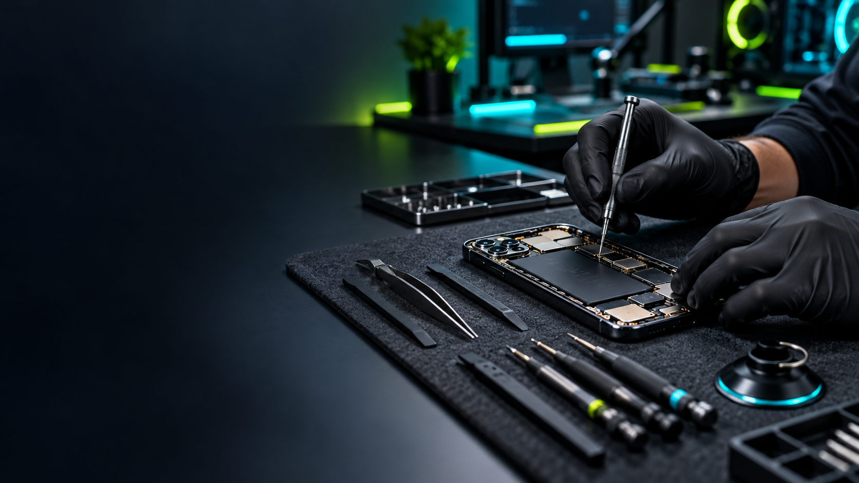 Mesa de trabajo de servicio técnico con un teléfono y herramientas de precisión
